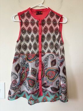 ISLE Melis Kozan Semi Sheer Sleeveless Button Down Shirt Paisley Pink XS
